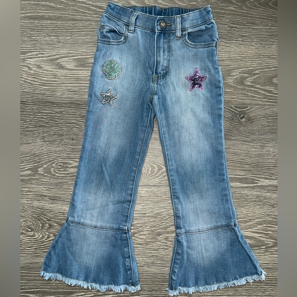 Girls Kids Youth Mermaid Flare Bottom Long Blue Jean Denim Size 4 Sequins Shells